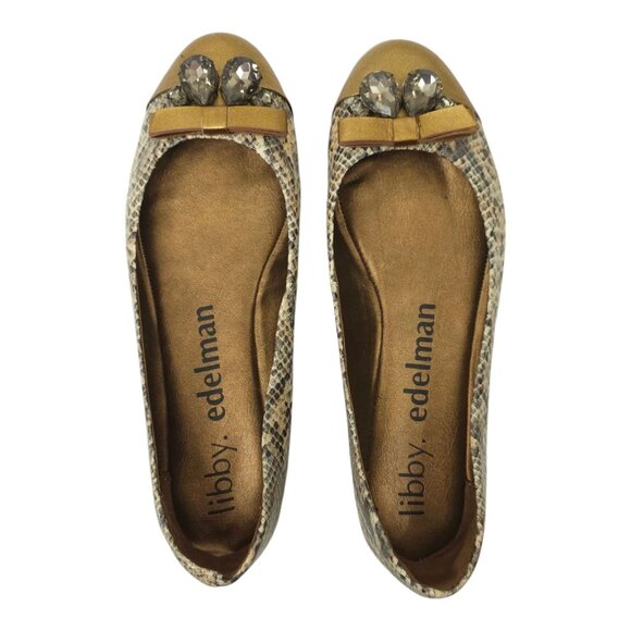 Libby Edelman Snakeskin Print Flats Women 8.5 M Golden Bronze Bow Toe Rhinestone - Picture 9 of 16